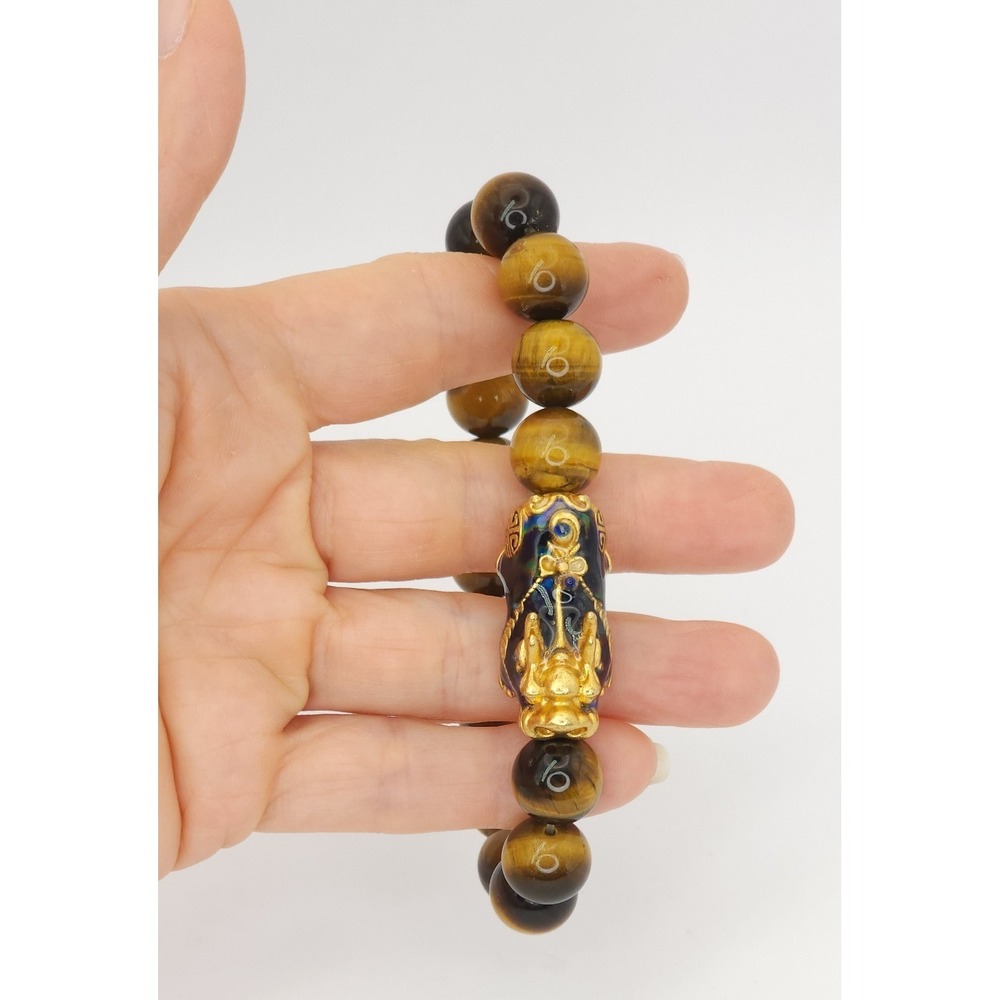 Natural Tigers Eye Bracelet Pixiu Charm Lucky Prosperity 8" Detailed .999 plated - Picture 6 of 10